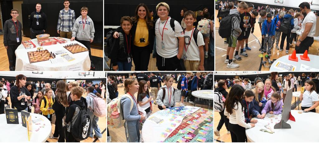 A collage of six photos showing students and teachers participating in various indoor school activities and club booths.